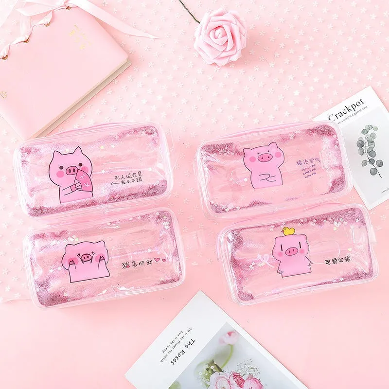 Cute PVC Pig Pencil Case Colorful Transparent Quicksand Girl Pen Bag Creative Korean Stationery School Supplies Pouch Kids Gift |