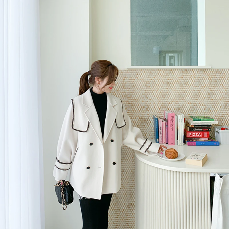 

2021 Spring Naval Collar White Short Double Sided Breasted Woolen Overcoat Jacket Women Loose Plus Size Handmade 100% Wool Coat