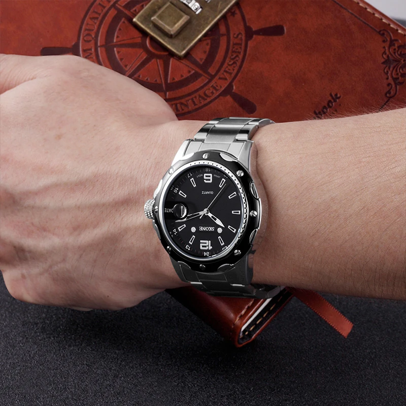 Бизнес часы Для мужчин s Топ Элитный бренд SKONE Полный Нержавеющая сталь кварцевые