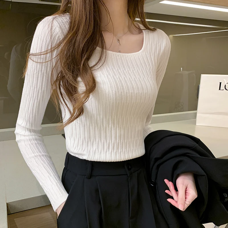 

Big Neckline Knitted Top Women's Long Sleeve Fall Slim Fit Slimming off-Shoulder Bottoming Shirt Tight Square Collar Short