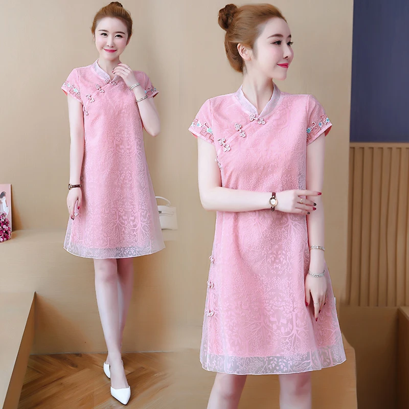 Женское винтажное кружевное платье Ципао белое свободное короткое в