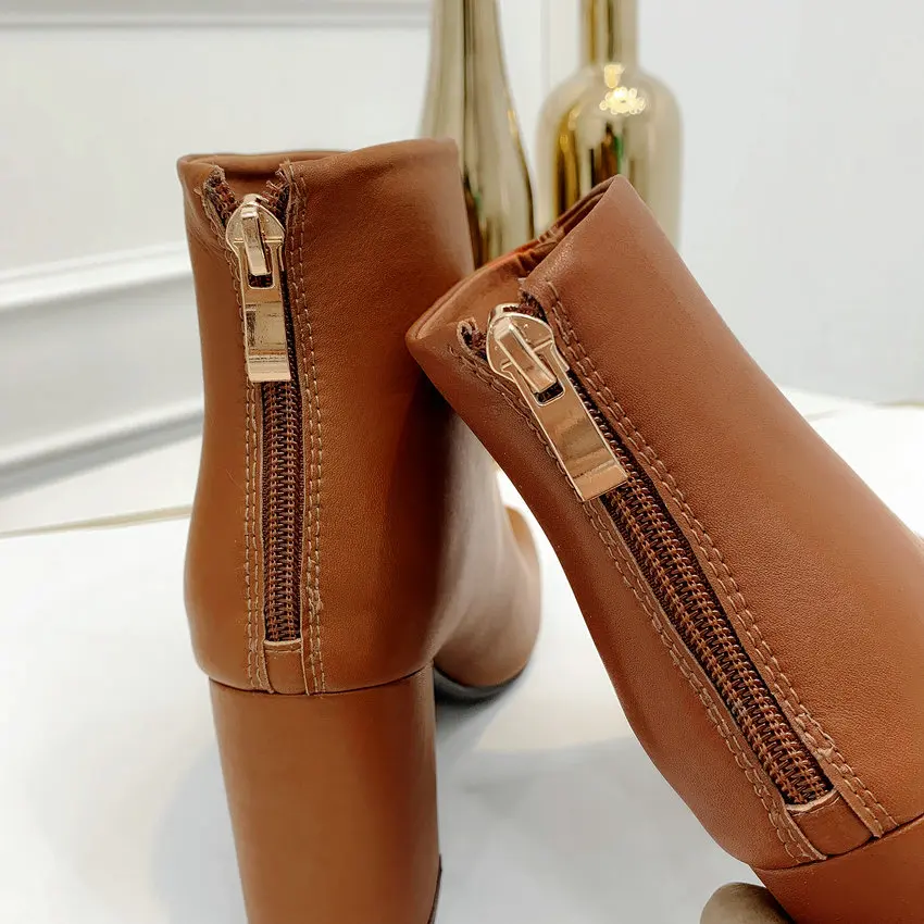 QUTAA PU Leather Ankle Boots Super Square High Heel Women Shoes Zipper Autumn Pointed Toe Motorcycle Casual Big Size 34-43