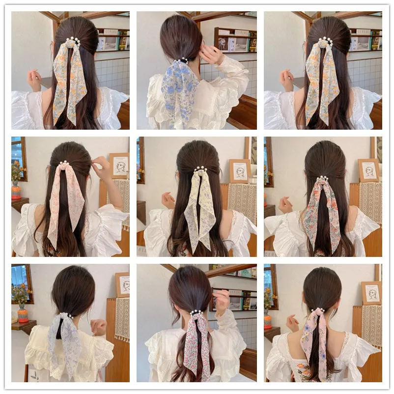 

Резинка для волос женская, шифоновая, с жемчужным бантом и принтом