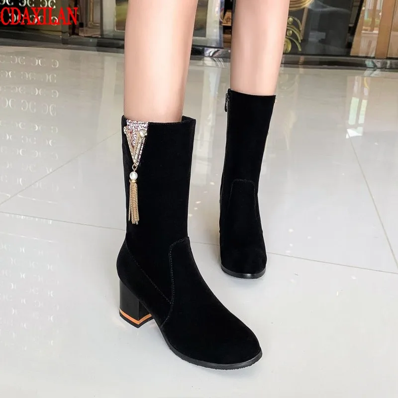 

CDAXILAN new to short boots women autumn winter velvet fabric square heel side zipp motorcycle boots ladies spring Mid-calf boot
