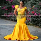 Золотисто-желтое атласное вечернее платье-Русалка с бусинами, кристаллами, длинным шлейфом и круглым вырезом, Африканское мужское официальное вечернее платье