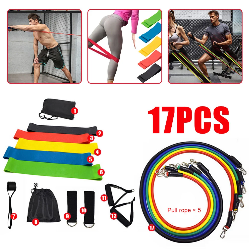 

17PCS Multi-Function Sports Resistance Bands Suit Yoga Tubes Pull Rope Fitness Training Strength Belt Elastic Rope Workouts Ring