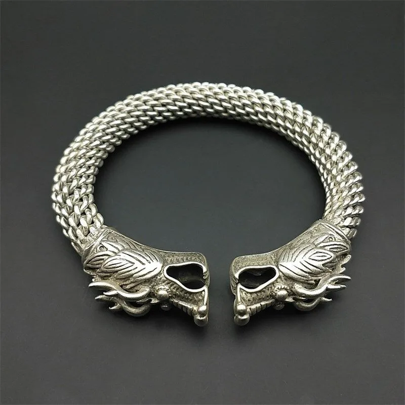 

Ethnic style retro Miao silver dragon head thick bracelet for men and women