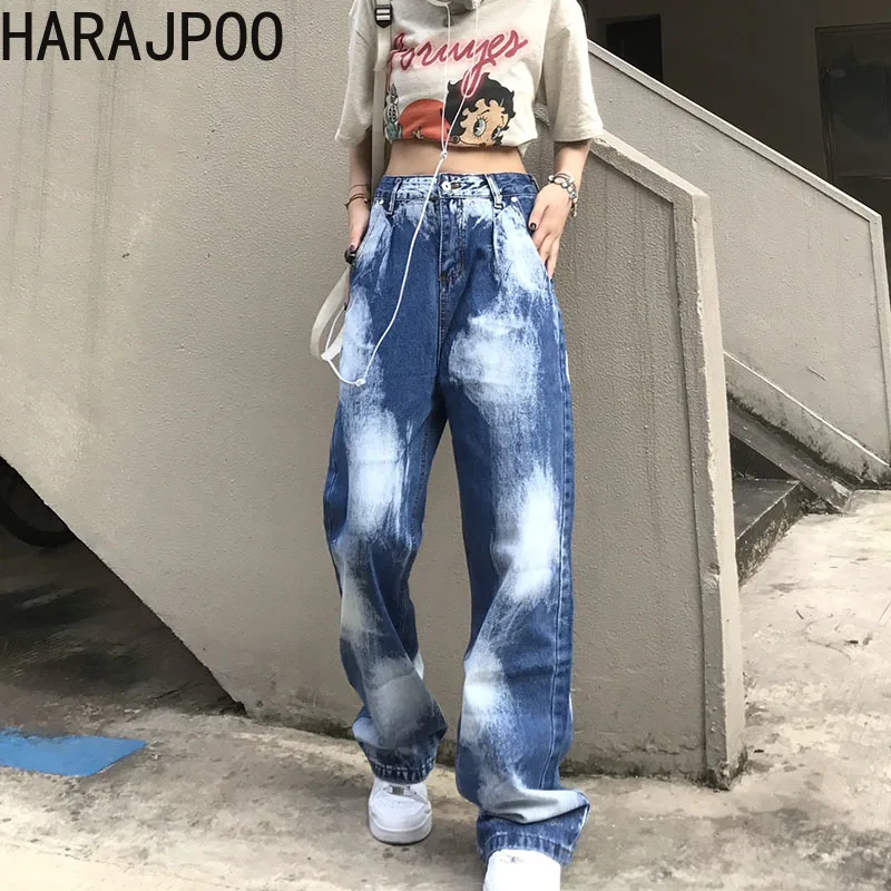 

Harajpoo Women Pants High Street Jeans Summer Korean INS Bleaching Dyeing Loose High Waist Thin Wide Leg Straight Trousers Tide