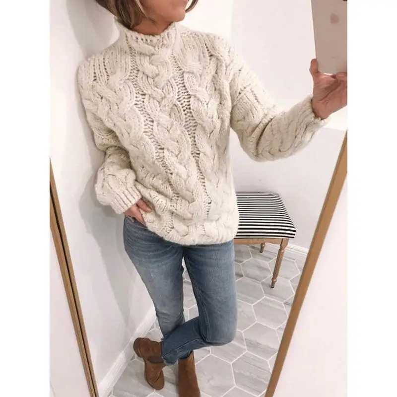 

Women Winter Autumn Solid Knitted Long-sleeved Sweater Pullovers