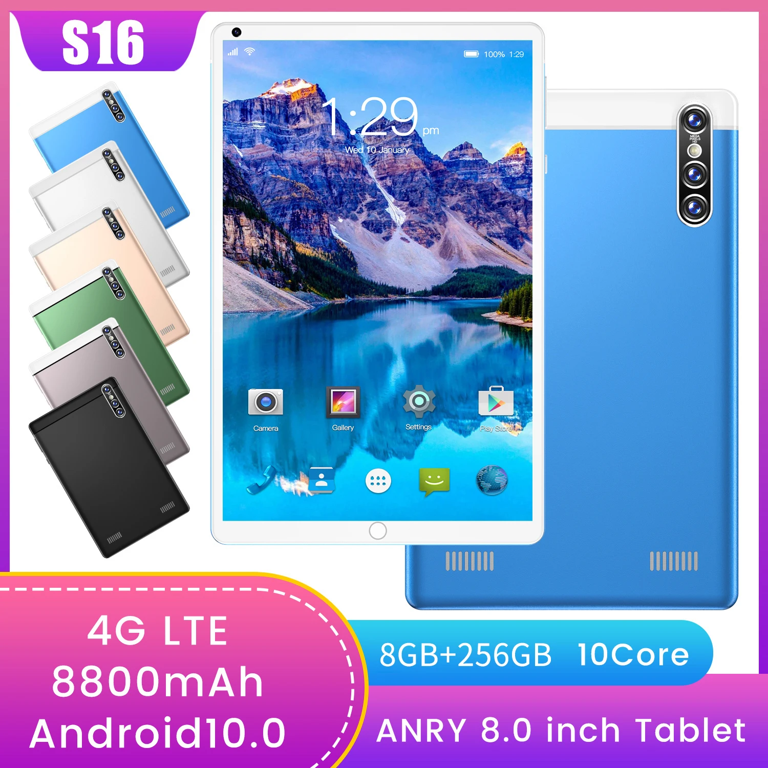 

S16 Tablet 8 .0 inch Android 10.0 Google Play 4G Phone Call Tablets 8GB RAM 256GB ROM 13.0MP Rear Camera 8800mAh Tablet PC