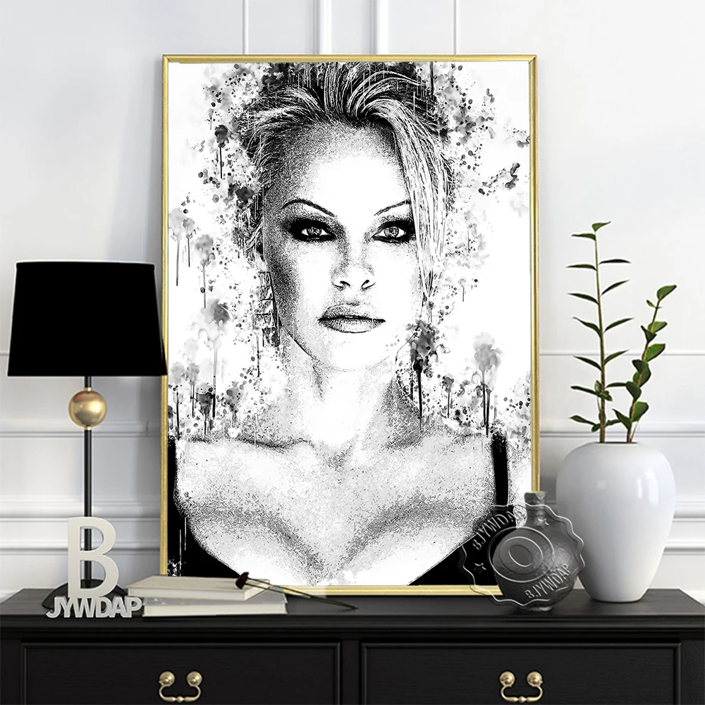 

Black White Watercolor Pamela Anderson Poster, Canada Actress Elegant Goddess Sketch Art Prints, Minimalism Portrait Wall Decor