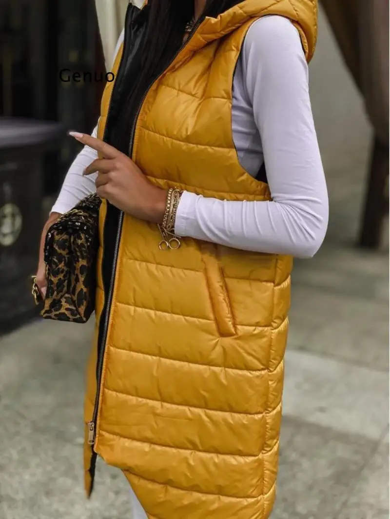 Sleeveless Puffer Jacket Women Hooded Cotton Padded Waistcoat Casual Streetwear Zipper Pocket Jacket  Long Quilted Coat