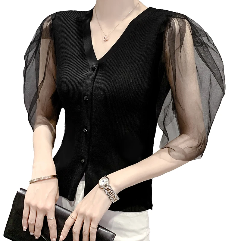 

COIGARSAM Sexy Short Sleeve blouse women Summer Fashion Knitting Mesh blusas womens tops and blouses Black White 273