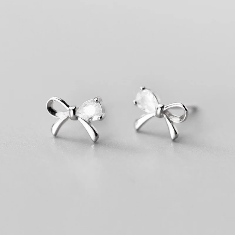 Silver Trusta, 1 пара, 925 пробы, серебряные, милые, ослепительные, с бантом, CZ, серьги-гвоздики для женщин, девочек, подростков, девушек, ювелирное изделие, подарок DS1936 - Окраска металла: Silver