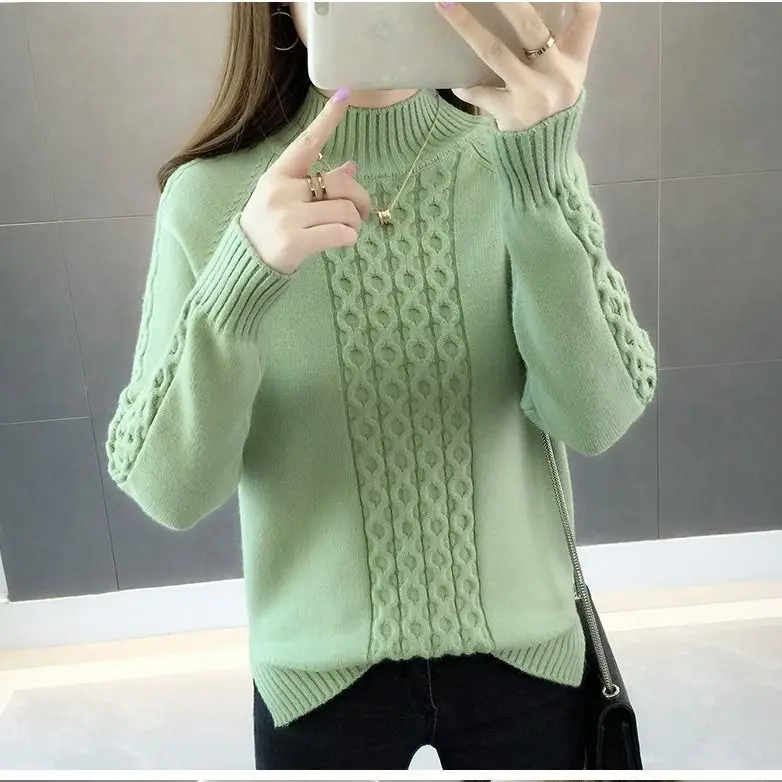 

2020 New Autumn Winter Women Korean Half Turtleneck Knitted Sweaters Hemp Flowers Cable Pullovers Female Soft Sweaters Top Z100