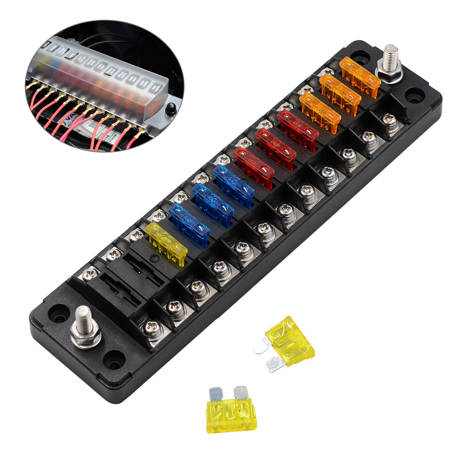 

12 Ways 32V Fuse box Holder M5 Stud With LED Indicator Light 1 in 1 out PC waterproof dust cover for Auto Car Boat Marine Trike