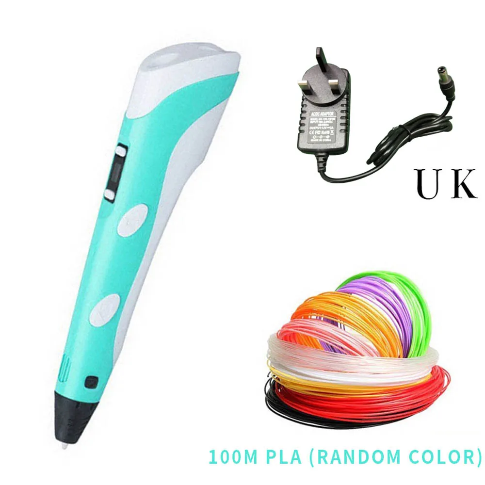 blue 100m UK Креативная 3d-ручка с PLA нитями, регулируемая температура, Нетоксичная ручка для рисования, детские подарки на день рождения, обучающая игрушка - Цвет: blue 100m UK