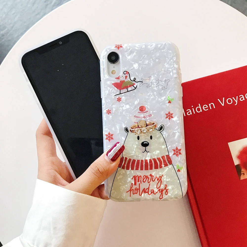 Marble Christmas Phone Case For iPhone 11 Pro X XR XS Bear Elk Cover With Finger Ring 7 8 Plus Stand |