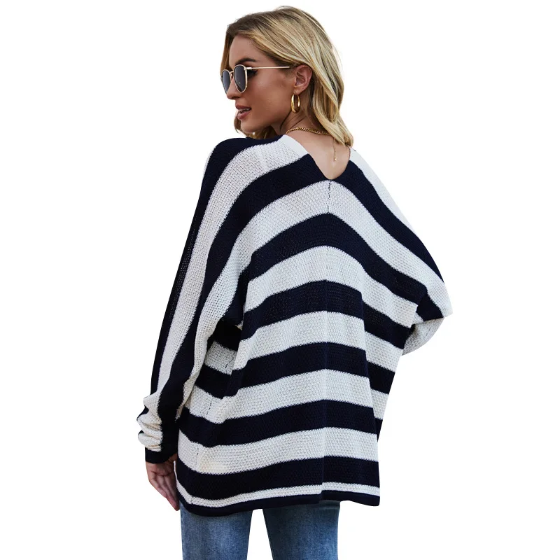 

2021 Autumn and Winter New European and American Bat Sleeve Knitted Jacket Loose Striped Cardigan Women Long Sleeve Tops