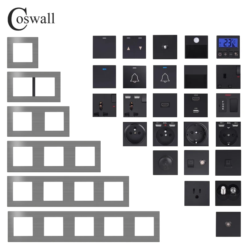 Настенный выключатель COSWALL L1 серая матовая алюминиевая панель европейская