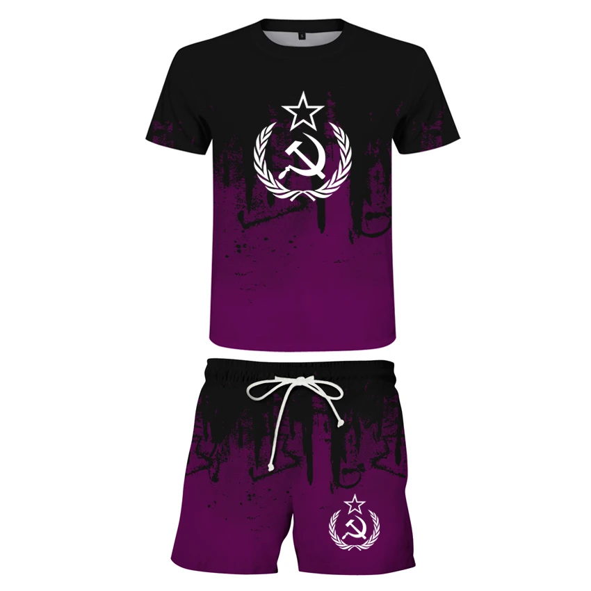 

Fashion trend splash ink digital printing color pattern summer sports leisure men's 2-piece Beach Tour crew neck T-shirt + short