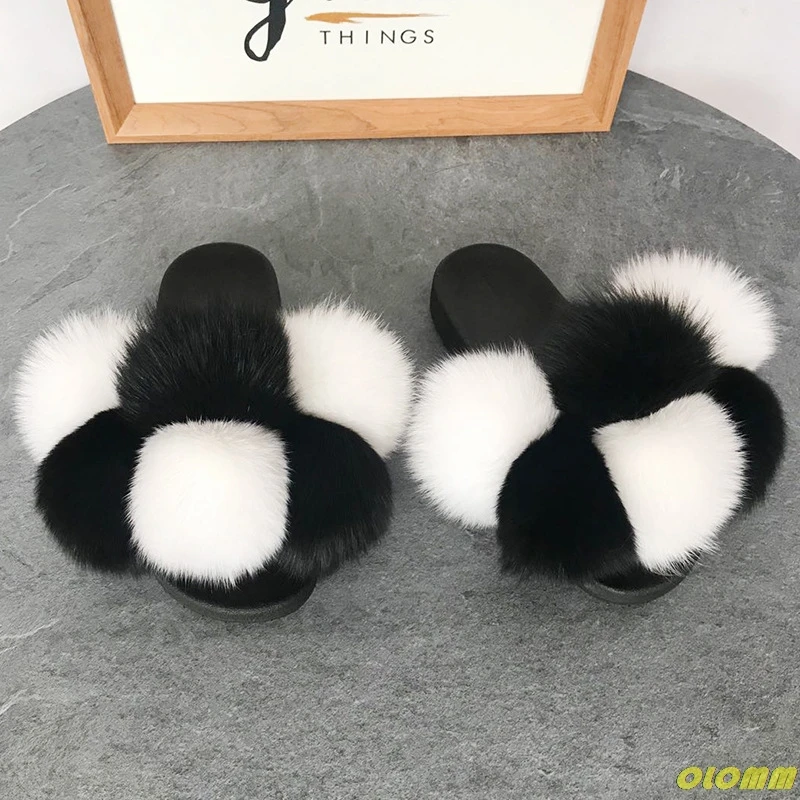 

Chuzzle Fur Slippers For Women Fluffy Real Fox Fur Slides Furry Raccoon Fur Sandals Ladies Cute Fur Ball Flip Flops Rainbow Shoe