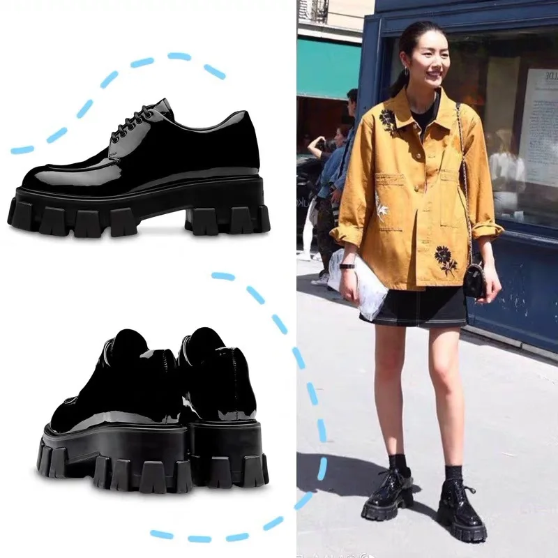 

Patent Leather Platform Oxfords Shoes for Women British Style Flat Shoes for Women Solid Black Designer Shoes Women