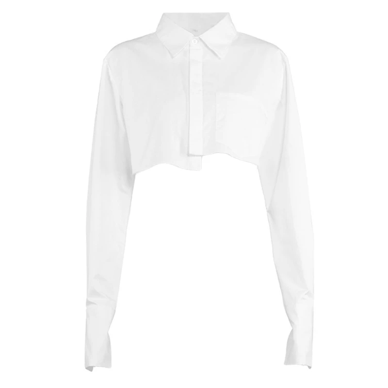 

Women Flare Long Sleeve Lapel Collar White Shirt Button Down Irregular Frayed Hem Crop Top Harajuku Chest Pocket Loose Mini D0UD