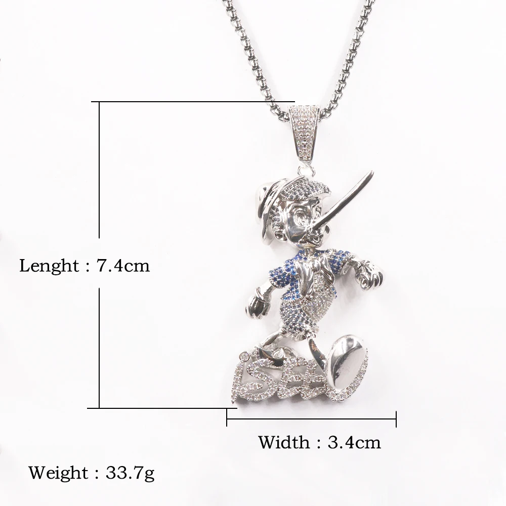 Pinocchio мультфильм аниме персонаж кулон с веревкой цепь золото серебро Bling кубический циркон мужская хип хоп ожерелье ювелирные изделия подарок