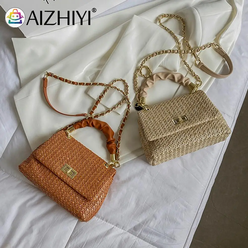 

Fashion Small Beach HandBags Women Summer Women Straw Woven Solid Color Messenger Bag Beach Chain Pleated Handbag