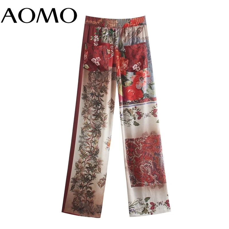 

AOMO Fashion Women Floral Print Suit Pants Trousers Vintage Style Pockets Strethy Waist Casual Lady Pants Pantalon 5Z250A