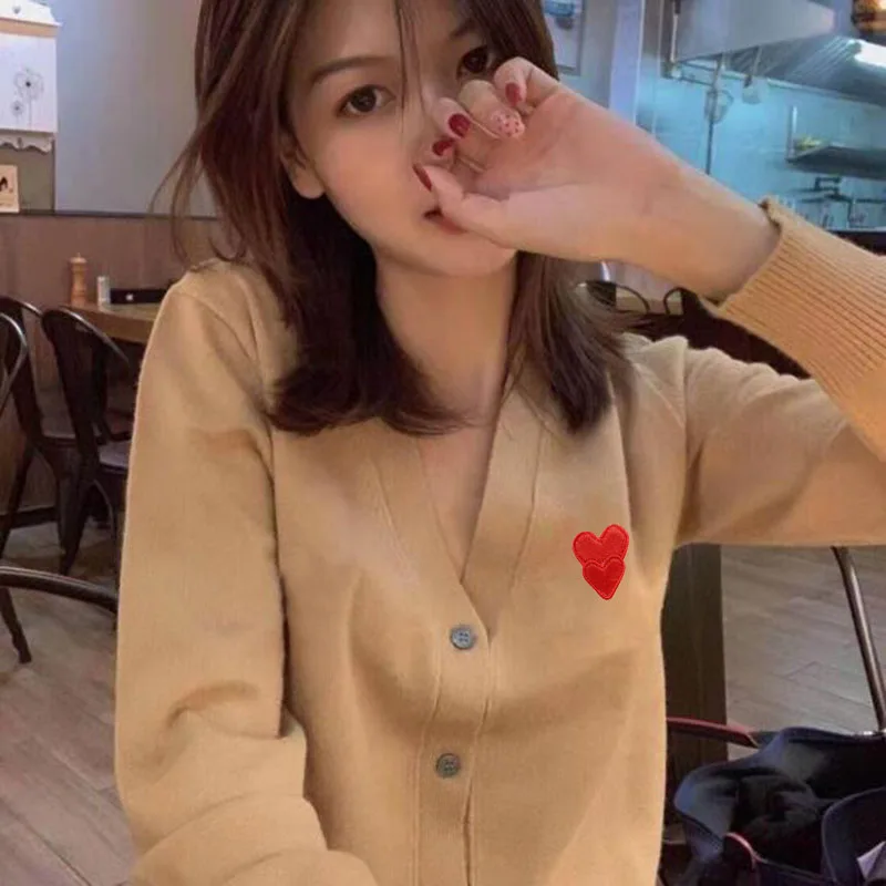 

(Have eyes)Women Cardigan Embroidered Folded Heart V-neck Long Sleeve Cotton Single-breasted Loose Casual Spring Autumn Jacket