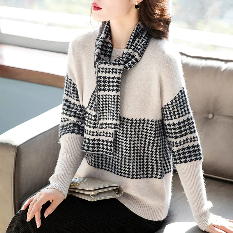 Осенний лоскутный клетчатый свитер с шарфом женские джемперы вязаные пуловеры |