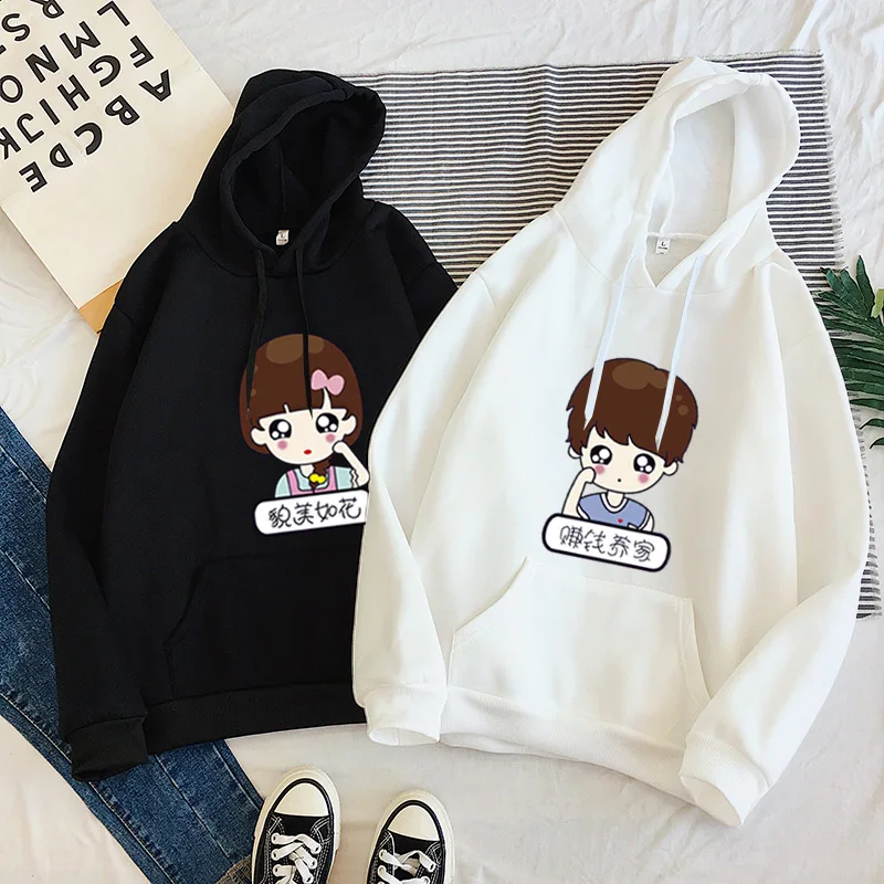 

Японский свитшот в Корейском стиле Харадзюку для пары милые флисовые толстовки с рисунком для пары мальчиков и семьи