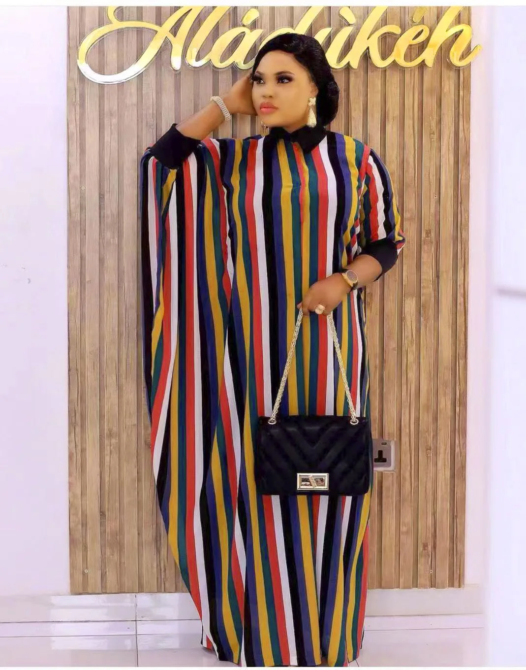 

African Dress Women Rainbow Stripes Contrast Stitching POLO Collar Holiday Beach Muslim Loose Robe African Clothes