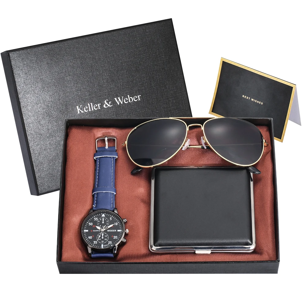 Модные мужские часы солнцезащитные очки кошелек/сигарета чехол подарочные