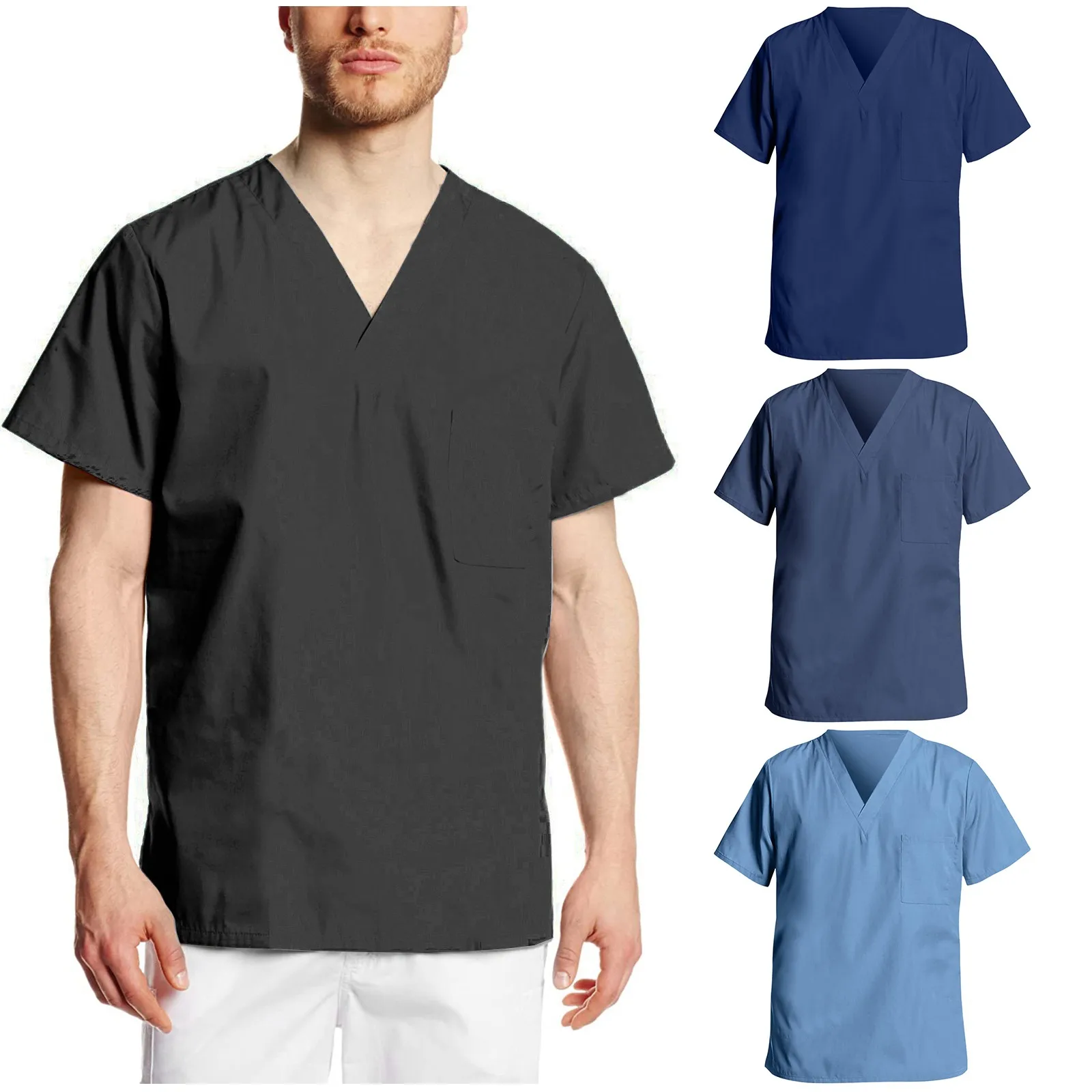 Men Nursing Uniform Solid Color Short Sleeve V-Neck Tops Summer Oversized T-Shirt For Male Care Worker Healthcare Clinic Clothes