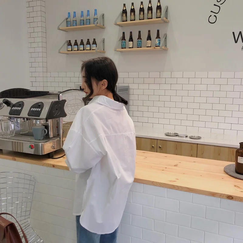 

Houthion Chiffon Women's Blouse Loose Fashion Blouses Button Office Lady Solid Shirt Breasted Casual New Korean Long Sleeve Top