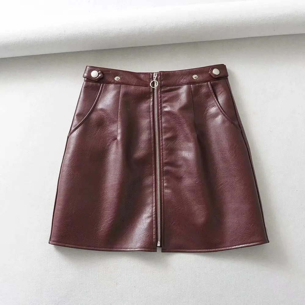 

2021 early spring European and American style women's new wholesale high waist pocket zipper PU leather skirt high quality
