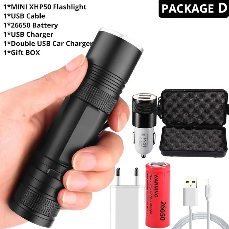Package D-26650 Мощный светодиодный фонарик 3* XHP50 Водонепроницаемый зум Linterna светодиодный тактический фонарь питание от 18650 или 26650 батареи для наружного, кемпинга - Испускаемый цвет: Package D-26650