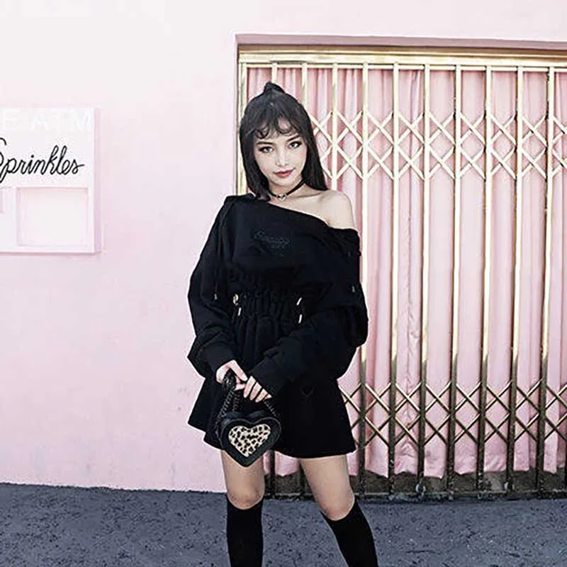 

2021 Spring Autumn Women Gothic Girls Punk Mini Dress High Quality Long Sleeve Off Shoulder Sexy Black Dress Fashion Dresses