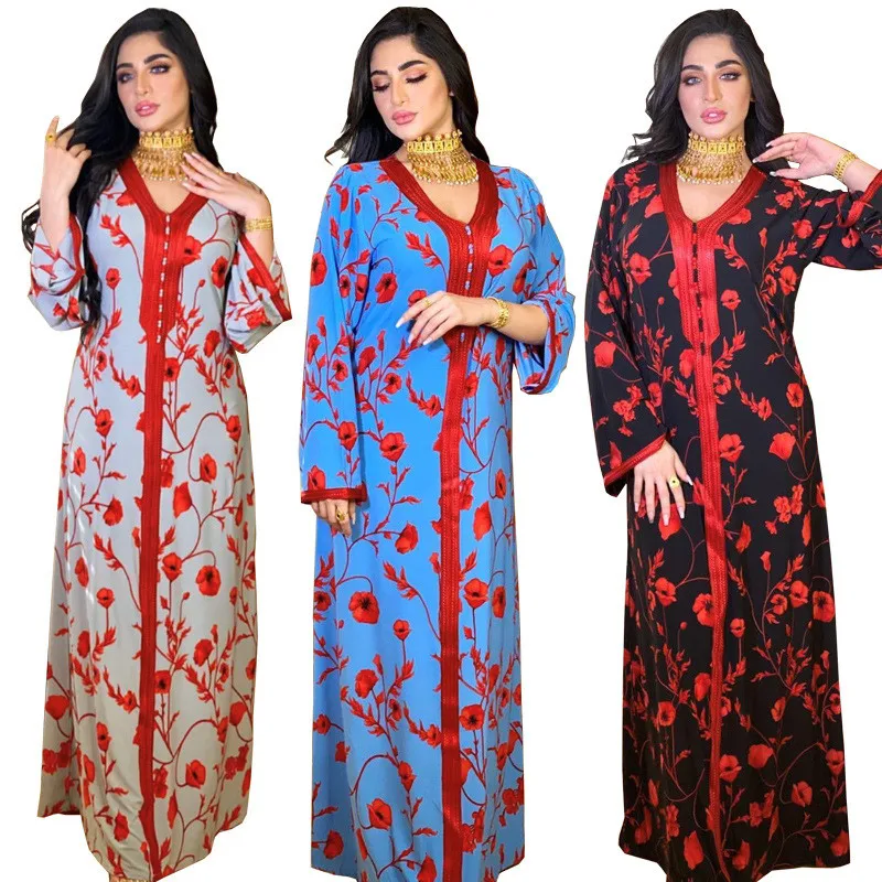 Длинное платье-кафтан с цветочным принтом, женское вечернее платье, Арабская абайя, Рамадан, этническое марокканское платье макси, модное п...