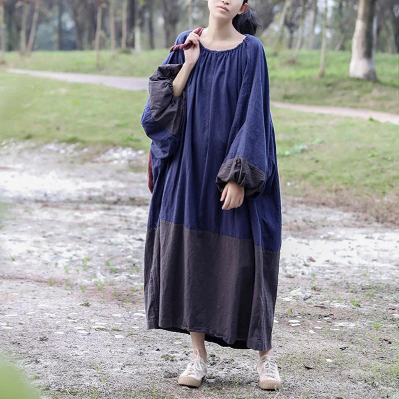 

NINI WONDERLAND 2023 Spring Patchwork Cotton Linen Dress Autumn Vintage Women Lantern Sleeve Loose Bat Robe Dress Mori Girl