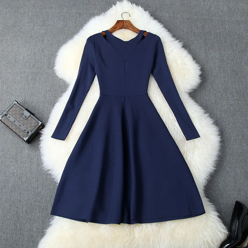 High Quality Blue Pink Sweater Dress Autumn Winter Knitwear Women Diamond Beading Long Sleeve Casual Knitted Dress Ladies