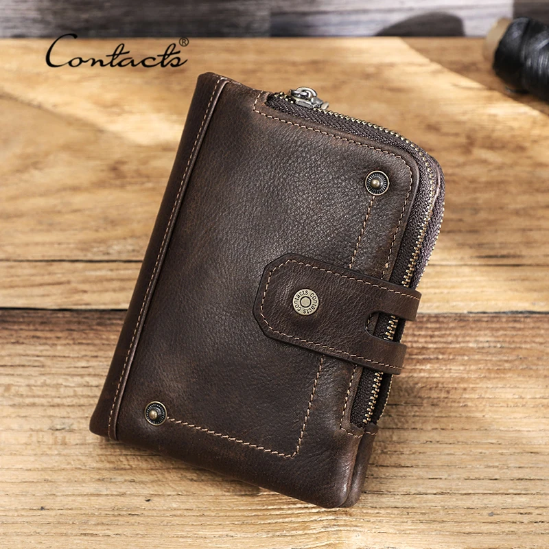 

CONTACT'S Genuine Leather Men Wallet Short RFID Male Bifold Purses Hasp Zipper Vintage Small Wallets Coin Purse Card Holder