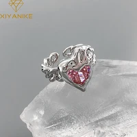 xiyanike silver color love heart inlaid pink gemstone opening ring for women girls sweet romantic style wedding jewelry