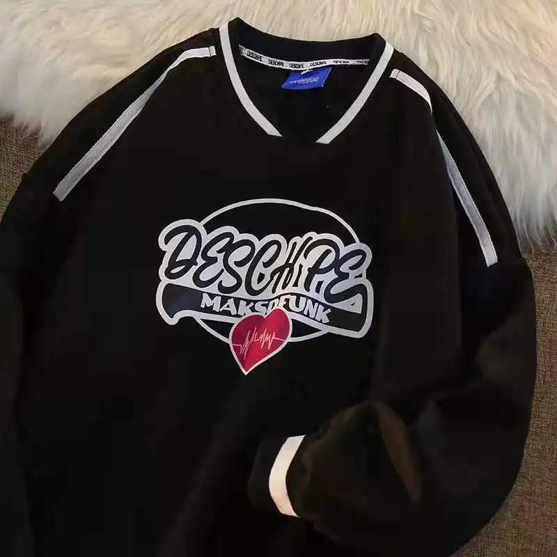 

Hip Hop American Vintage Embroidery V Neck Loose Sweatshirt Women Couple Long Sleeve Pullover Hoodies Autumn Fashion Clothes New