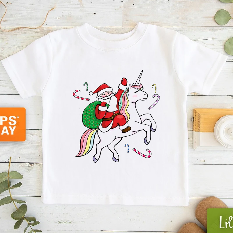

Children Unicorn Santa Claus Hello 2022 Christmas Happy New Year T-Shirt Kids Clothes Unisex Boys Girls Tshirt T-Shirts Tops