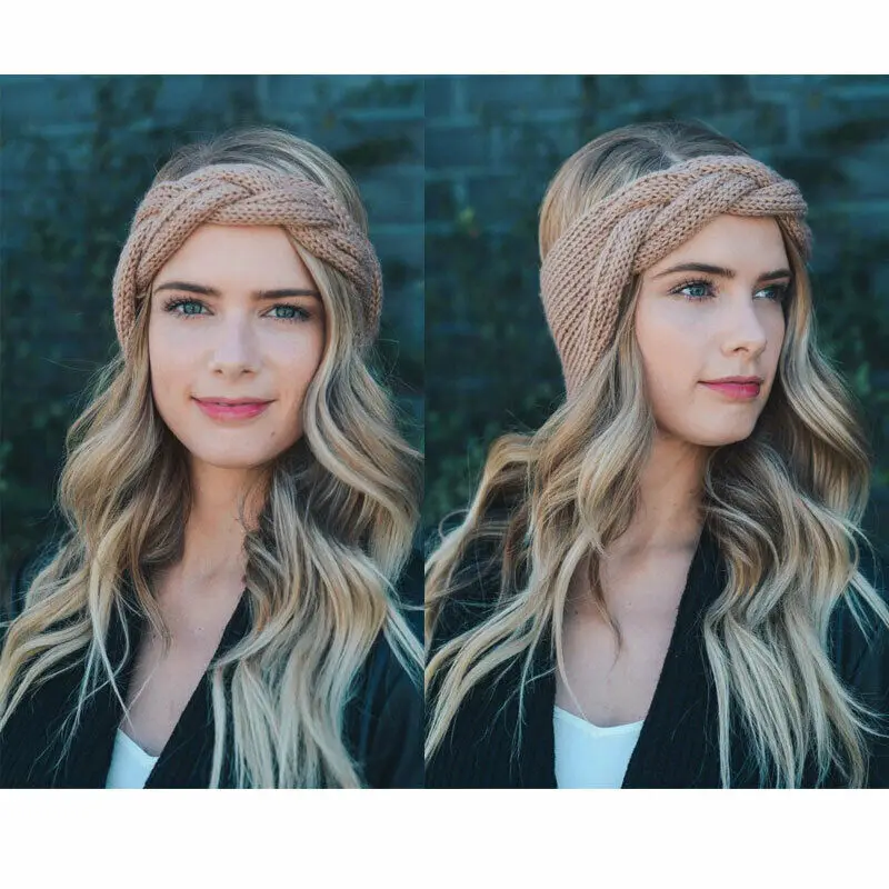 Women Ladies Winter Pretty Fashion Wool Cross Crochet Knitted Headband Solid Color Headbands Gray Black Khaki Purple |