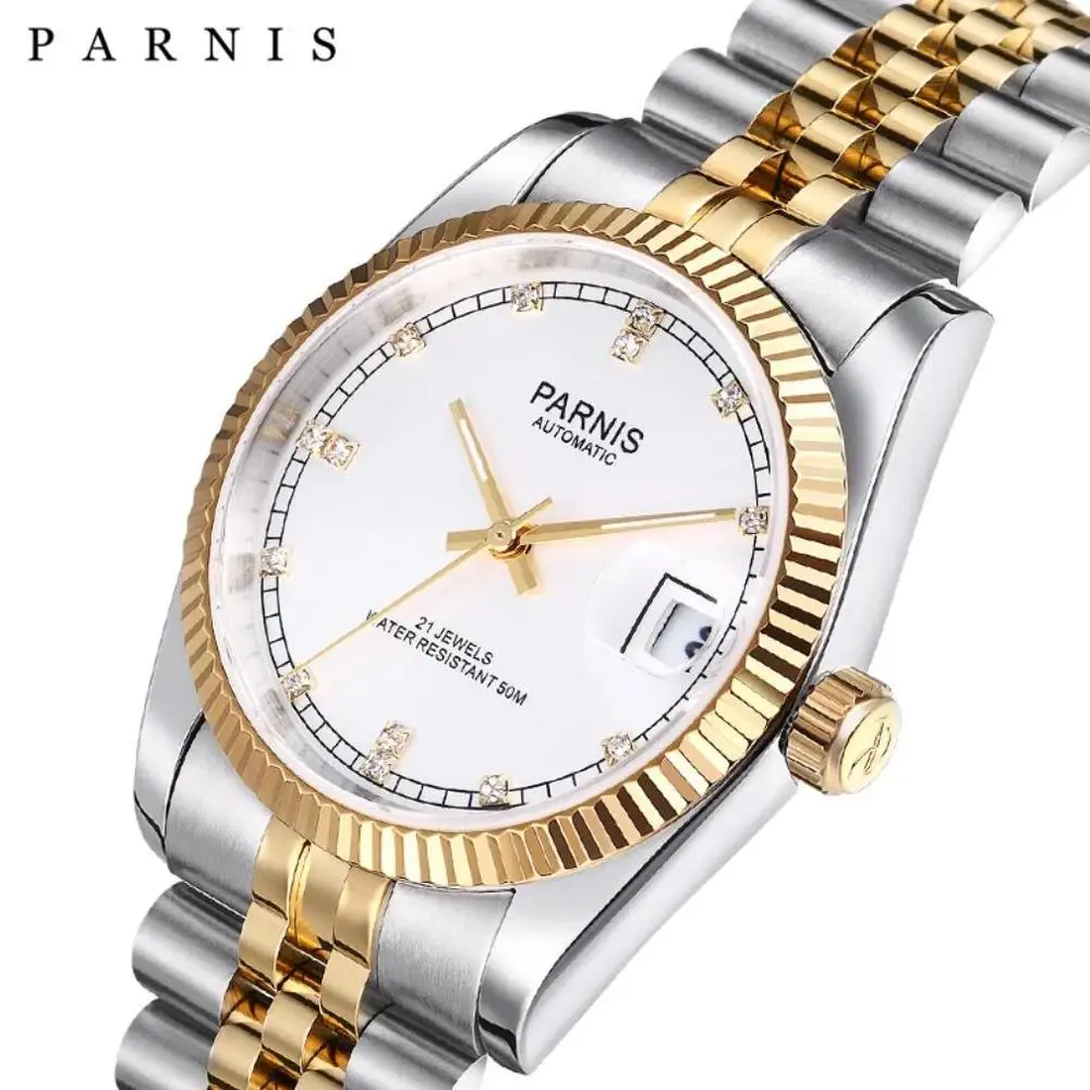 36mm Parnis Automatic Mechanical Watch Luxury Brand Gold Men Women Elegant Diamond Stainless Bracelet Watches Man Clock